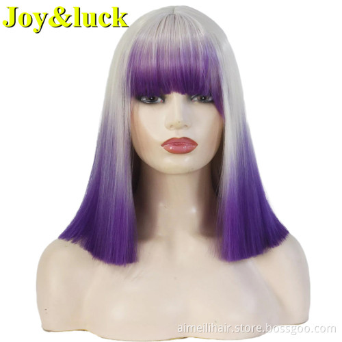 Wholesale Price Short Wig With Bangs Natural Straight Blonde Ombre Green Costume Party Halloween Day Cosplay Synthetic Wigs